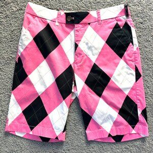 Loudmouth Golf Shorts Mens Size 32 Argyle Pink Black White Bold Pattern - EUC